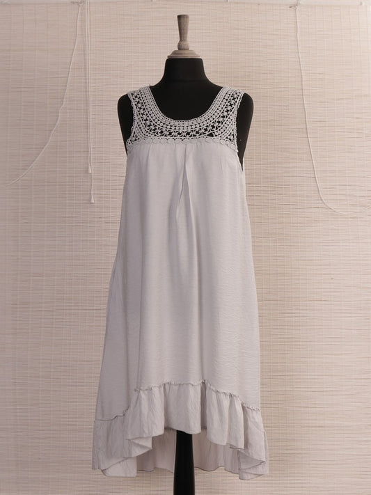 Italian Crochet Neck Frilled Hem Detail Dip Hem Dress - Light Grey