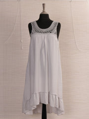 Italian Crochet Neck Frilled Hem Detail Dip Hem Dress - Light Grey