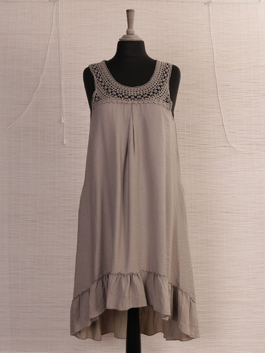 Italian Crochet Neck Frilled Hem Detail Dip Hem Dress - Mocha