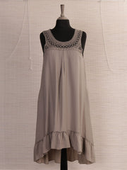 Italian Crochet Neck Frilled Hem Detail Dip Hem Dress - Mocha