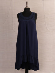 Italian Crochet Neck Frilled Hem Detail Dip Hem Dress - Navy