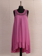 Italian Crochet Neck Frilled Hem Detail Dip Hem Dress - Cerise