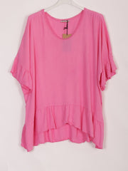 Italian Crochet Neck Linen Batwing Top - Cerise