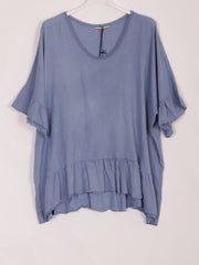 Italian Crochet Neck Linen Batwing Top - Denim