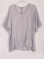 Italian Crochet Neck Linen Batwing Top - Light Grey