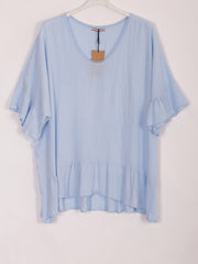 Italian Crochet Neck Linen Batwing Top - Ice Blue