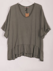 Italian Crochet Neck Linen Batwing Top - Khaki