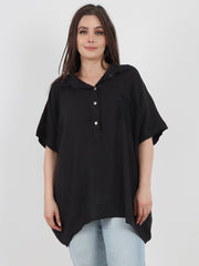 Italian Cut Work Pocket Detail Linen Blouse - Black