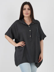 Italian Cut Work Pocket Detail Linen Blouse - Charcoal