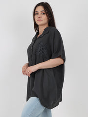 Italian Cut Work Pocket Detail Linen Blouse - Charcoal