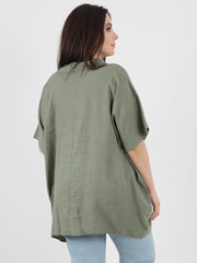 Italian Cut Work Pocket Detail Linen Blouse - Khaki