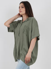 Italian Cut Work Pocket Detail Linen Blouse - Khaki