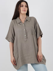 Italian Cut Work Pocket Detail Linen Blouse - Mocha