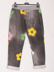 Italian Daisy Flower Print Cotton Trousers - Charcoal