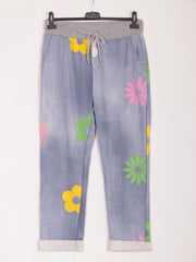 Italian Daisy Flower Print Cotton Trousers - Light Denim