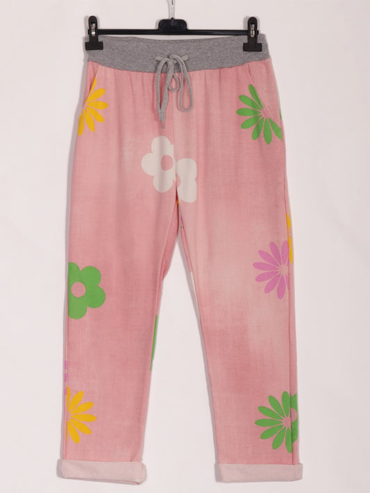 Italian Daisy Flower Print Cotton Trousers - Pink