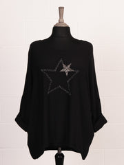 Italian Diamante And Embroidered Star Detail Knitted Top - Black