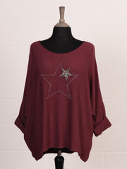 Italian Diamante And Embroidered Star Detail Knitted Top - Burgundy