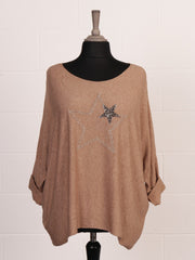 Italian Diamante And Embroidered Star Detail Knitted Top - Camel