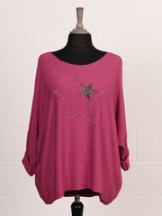 Italian Diamante And Embroidered Star Detail Knitted Top - Cerise