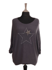 Italian Diamante And Embroidered Star Detail Knitted Top - Charcoal