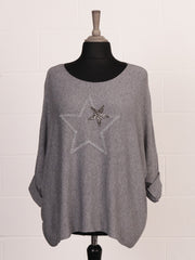 Italian Diamante And Embroidered Star Detail Knitted Top - Grey