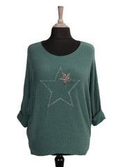 Italian Diamante And Embroidered Star Detail Knitted Top - Hunter Green