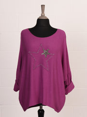 Italian Diamante And Embroidered Star Detail Knitted Top - Magenta