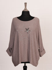 Italian Diamante And Embroidered Star Detail Knitted Top - Mocha