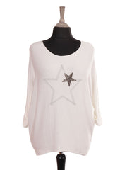 Italian Diamante And Embroidered Star Detail Knitted Top - White