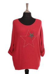 Italian Diamante And Embroidered Star Detail Knitted Top - Red