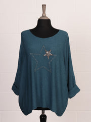 Italian Diamante And Embroidered Star Detail Knitted Top - Teal