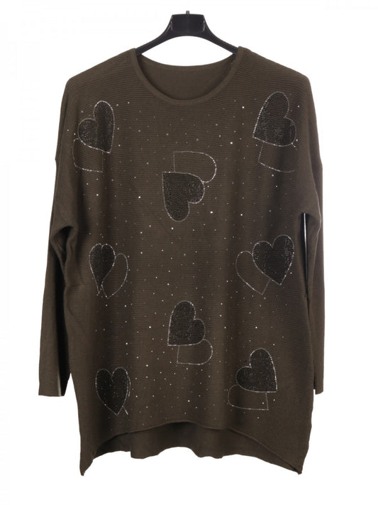 Italian Diamante Heart Detail Ribbed Knitted Jumper - Army Green