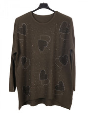 Italian Diamante Heart Detail Ribbed Knitted Jumper - Army Green