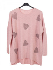 Italian Diamante Heart Detail Ribbed Knitted Jumper - Baby Pink