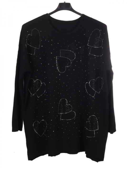 Italian Diamante Heart Detail Ribbed Knitted Jumper - Black