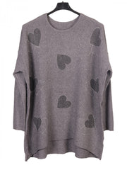 Italian Diamante Heart Detail Ribbed Knitted Jumper - Grey