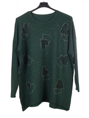 Italian Diamante Heart Detail Ribbed Knitted Jumper - Hunter Green