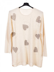 Italian Diamante Heart Detail Ribbed Knitted Jumper - White