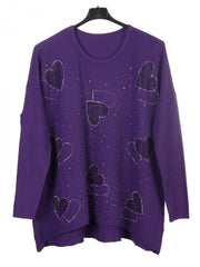 Italian Diamante Heart Detail Ribbed Knitted Jumper - Purple