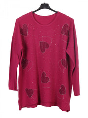 Italian Diamante Heart Detail Ribbed Knitted Jumper - Wine