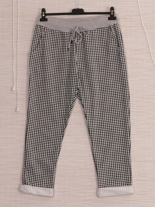 Italian Dogtooth Printed Cotton Trousers - White