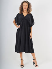Italian Drawstring Flared Linen Dress - Black