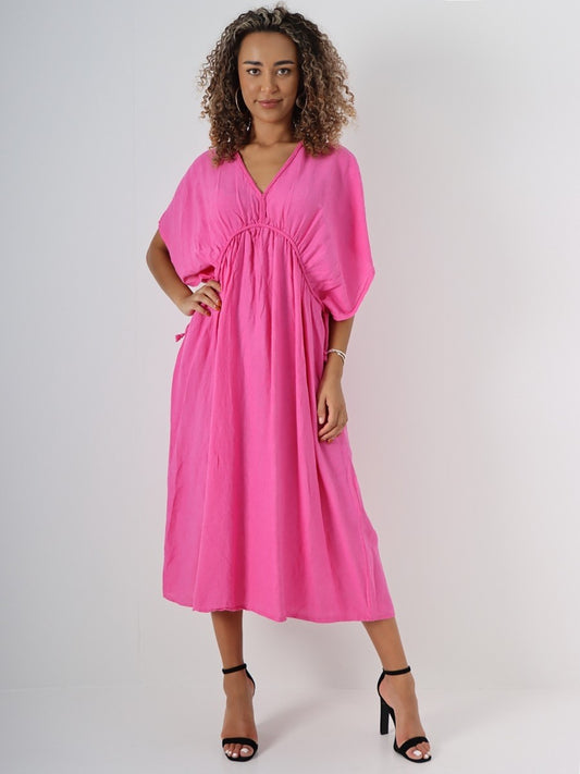 Italian Drawstring Flared Linen Dress - Cerise