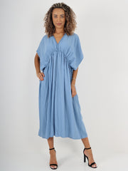 Italian Drawstring Flared Linen Dress - Denim
