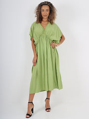 Italian Drawstring Flared Linen Dress - Lime Green