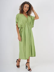 Italian Drawstring Flared Linen Dress - Lime Green