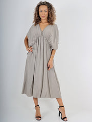 Italian Drawstring Flared Linen Dress - Mocha