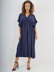 Italian Drawstring Flared Linen Dress - Navy