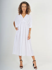 Italian Drawstring Flared Linen Dress - White